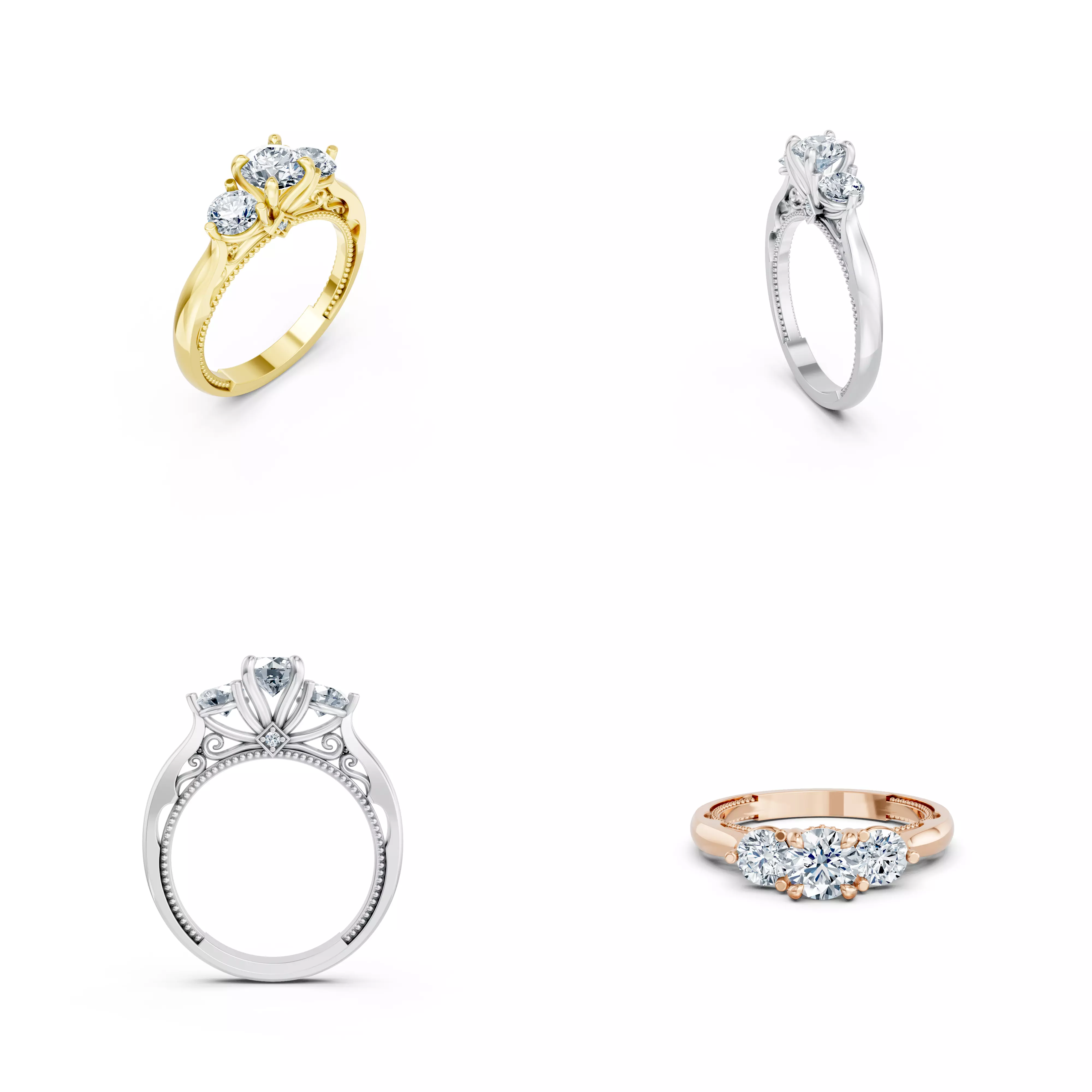 Vintage Three Stone Ring CAD STL 3DM Jewelry Design Model 3D print model
