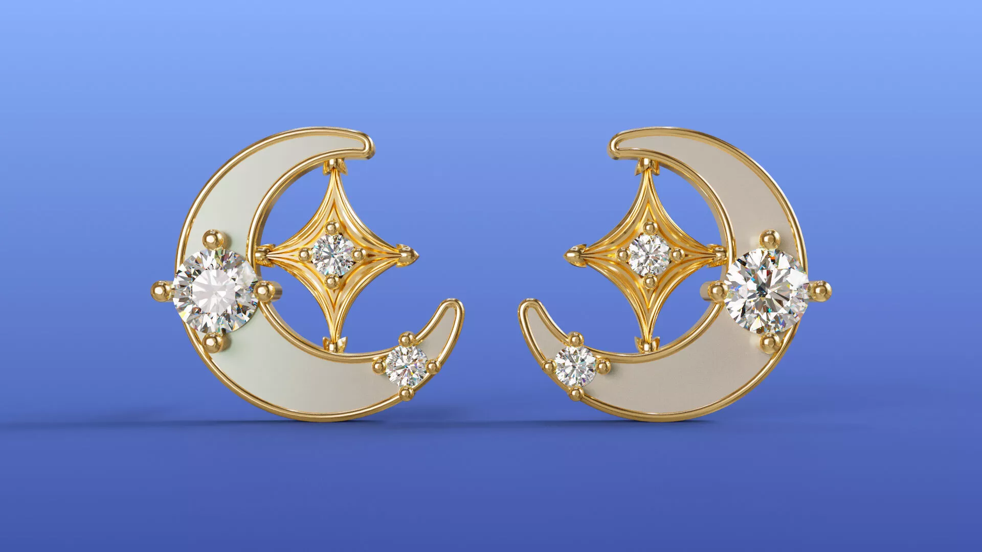 Celestial Crescent Moon Star Diamond Stud Earrings CAD Design 3D print model