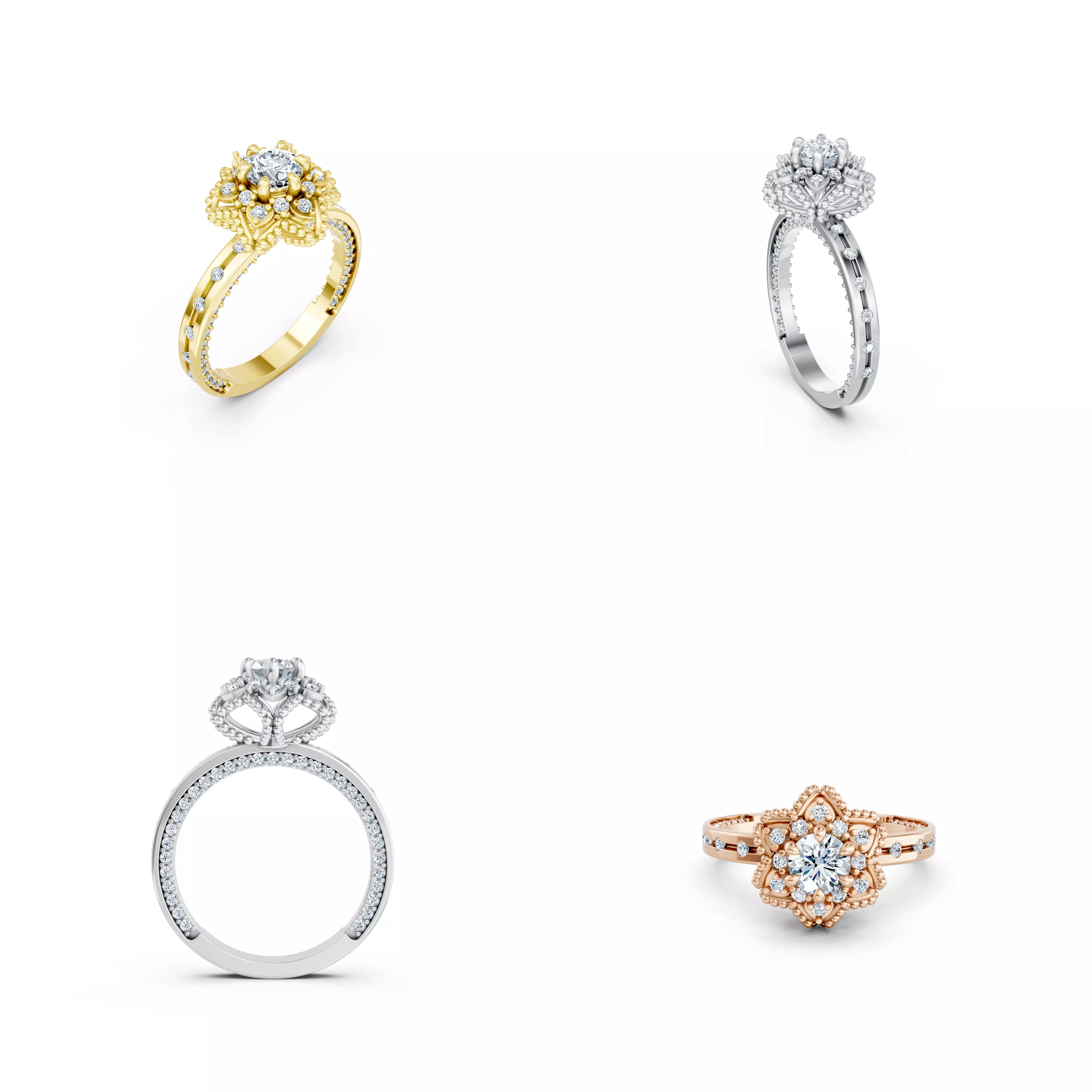 Vintage Floral Halo Ring CAD STL 3DM Jewelry Design Model 3D print model