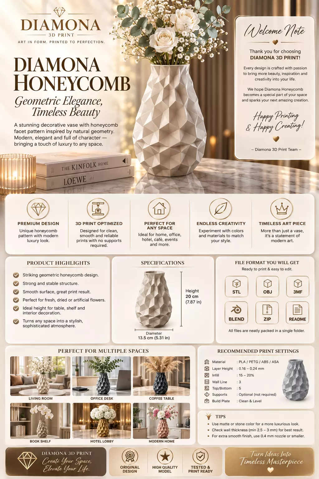 Diamona Honeycomb Premium Geometric Vase for 3D Printing 3D print model