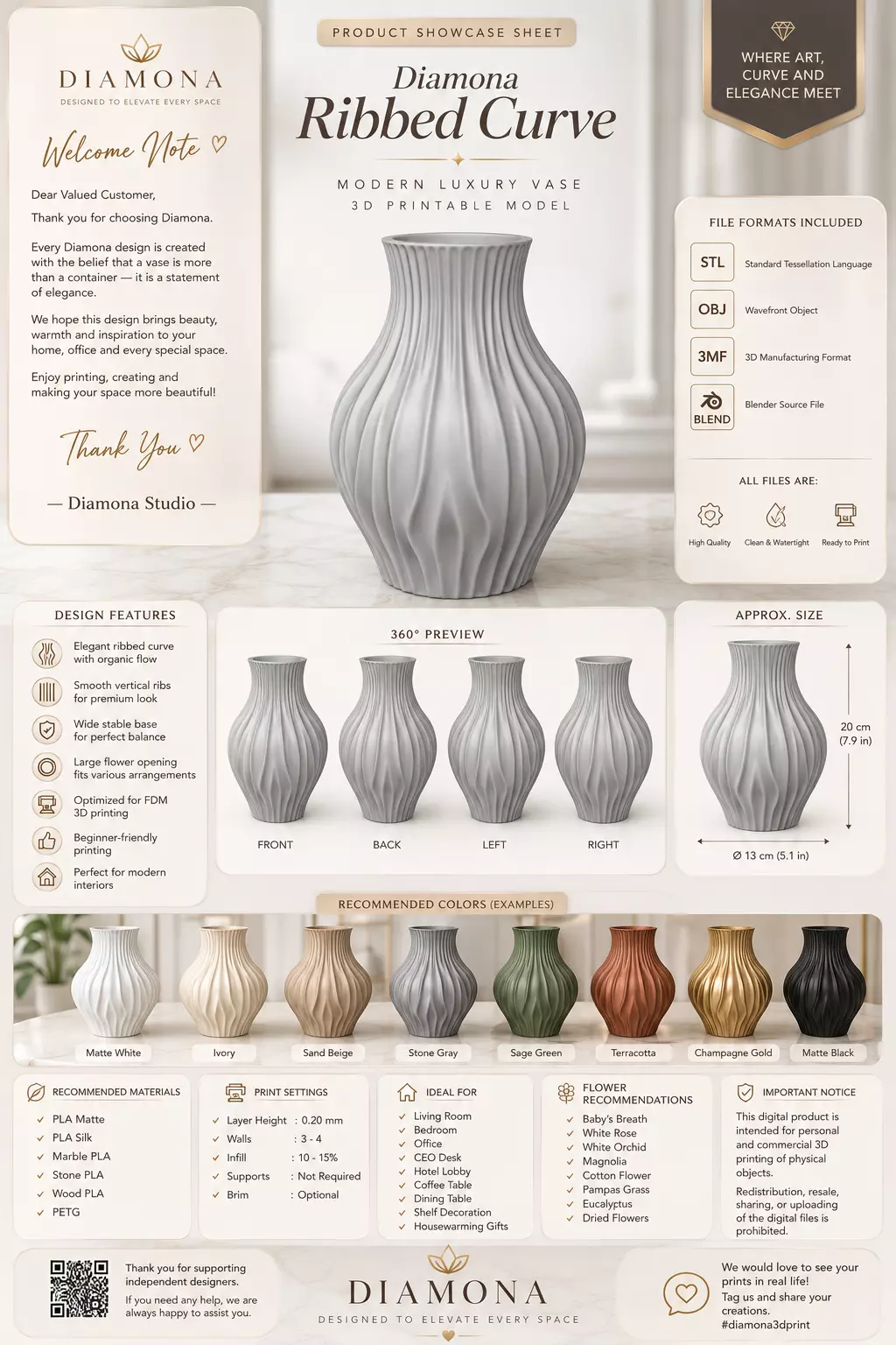 Diamona Ribbed Curve Modern Luxury Vase for 3D Printing 3D print model