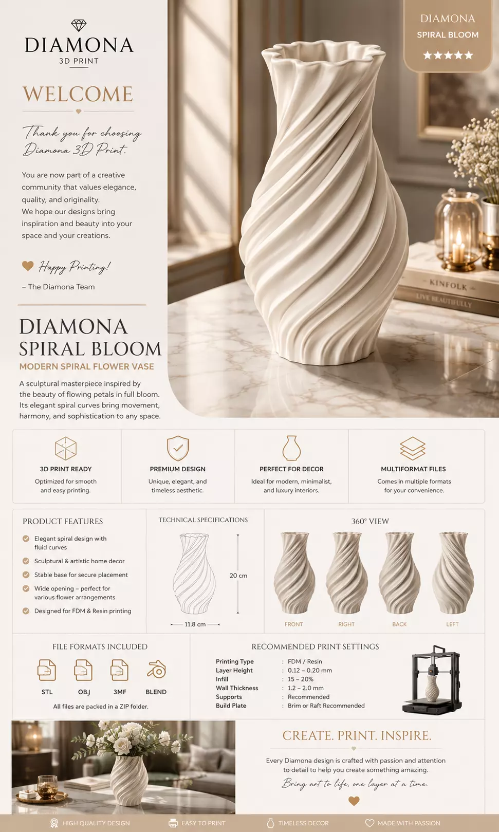 Diamona Spiral Bloom Modern Spiral Flower Vase for 3D Printing 3D print model