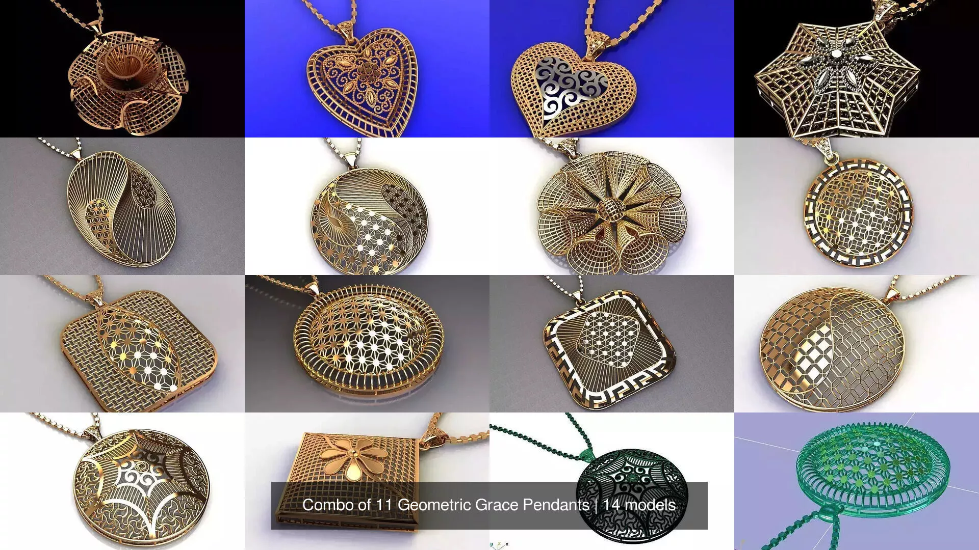 Combo of 14 Geometric Grace Pendants 2gm 3D Model Pack