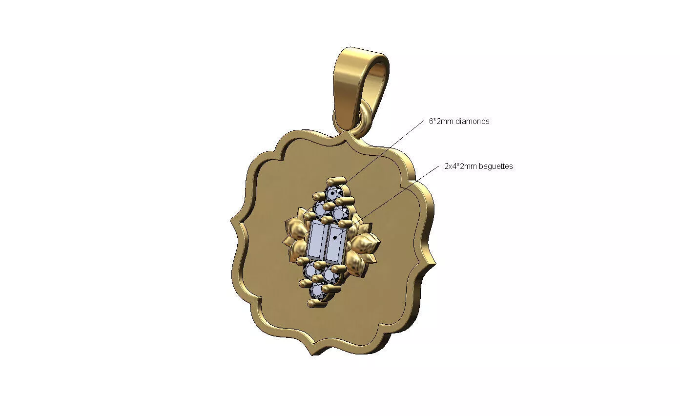 Ornate square Beldi diamond baguette lotus cluster pendant 3D print model