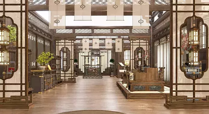Traditional Chinese Courtyard House Interior and Exterior Scene 3D model