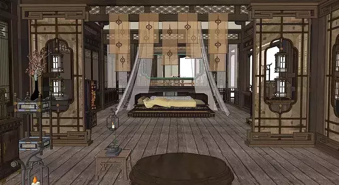 Traditional Chinese Courtyard House Interior and Exterior Scene 3D model 6