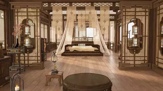 Traditional Chinese Courtyard House Interior and Exterior Scene 3D model 5