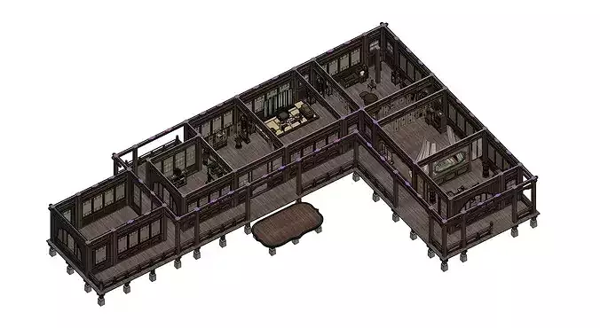 Traditional Chinese Courtyard House Interior and Exterior Scene 3D model 7