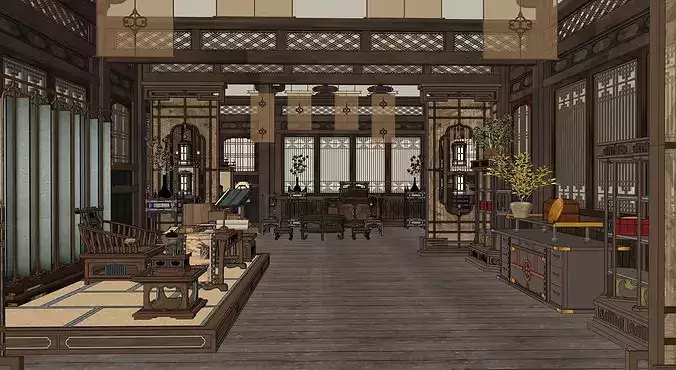 Traditional Chinese Courtyard House Interior and Exterior Scene 3D model 4