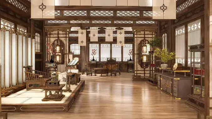 Traditional Chinese Courtyard House Interior and Exterior Scene 3D model 3