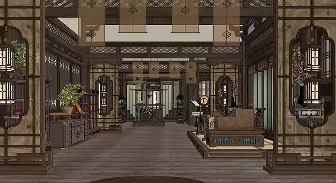 Traditional Chinese Courtyard House Interior and Exterior Scene 3D model 2