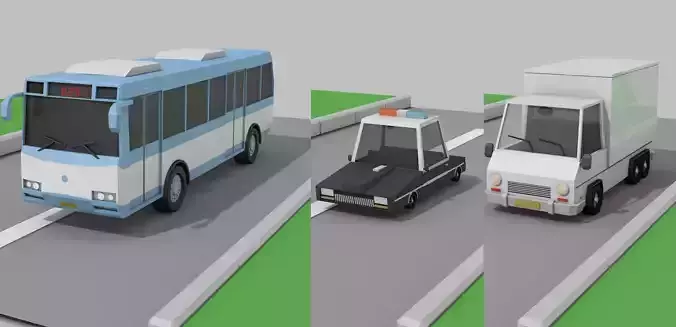 low poly car bus road