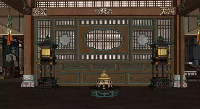 Traditional Chinese Royal Courtyard House Interior and Exterior  3D model 7