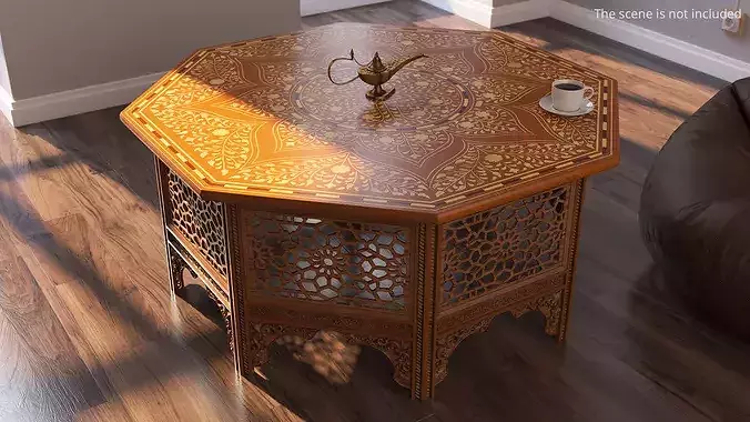 Oriental Wooden Table with Inlaid Floral Pattern 3D model 2