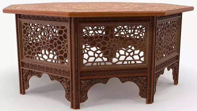 Oriental Wooden Table with Inlaid Floral Pattern 3D model 3