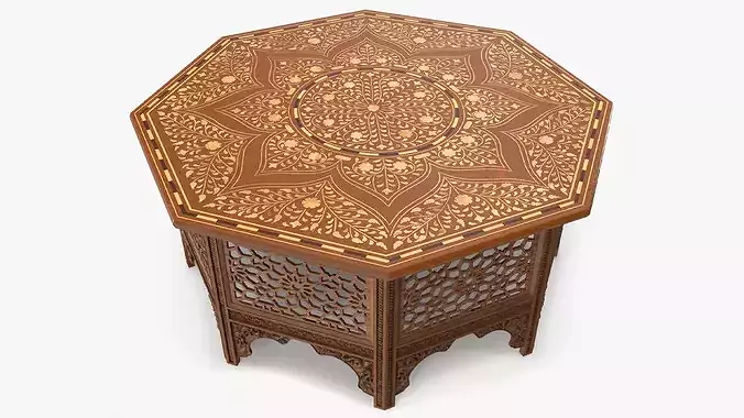 Oriental Wooden Table with Inlaid Floral Pattern 3D model