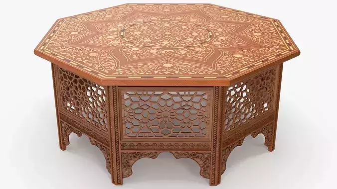 Oriental Wooden Table with Inlaid Floral Pattern 3D model 4