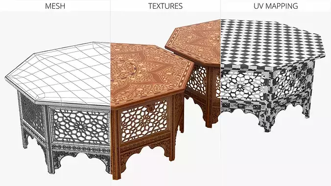 Oriental Wooden Table with Inlaid Floral Pattern 3D model 7
