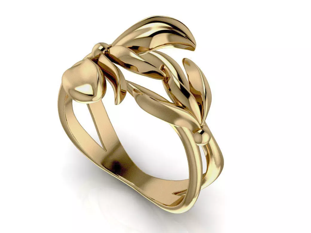 RingFlower gold ring with leaves 3D print model_0