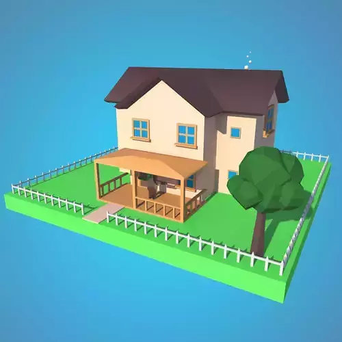 Low poly 3d House model with fence Free low-poly 3D model