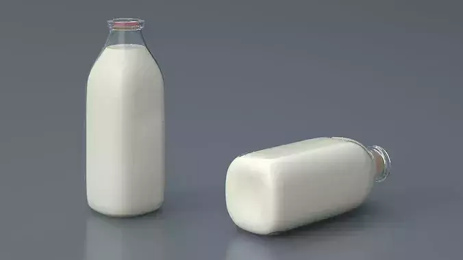 Vintage Glass Bottle Filled With Milk 3D model 2