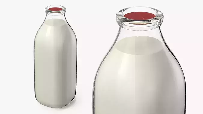 Vintage Glass Bottle Filled With Milk 3D model 3
