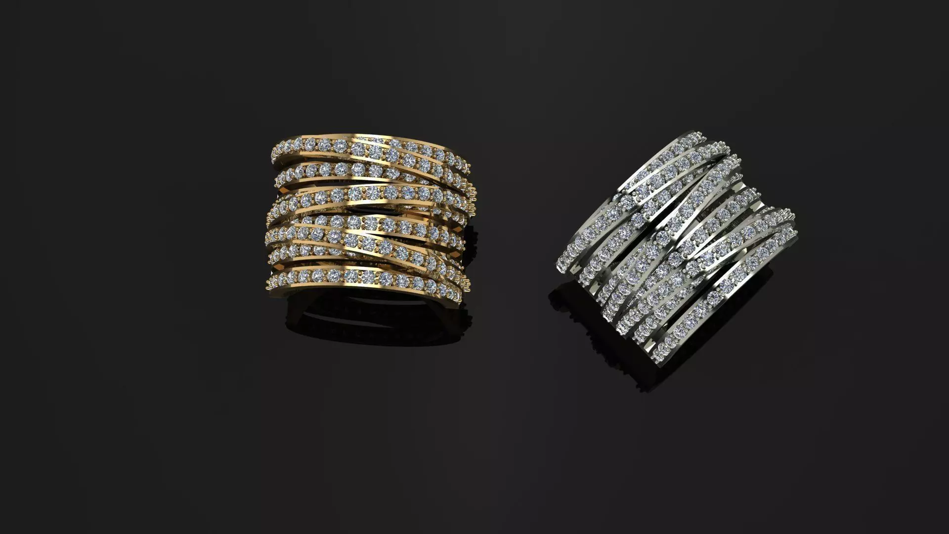 Ring two gold and diamond rings 3D print model_0