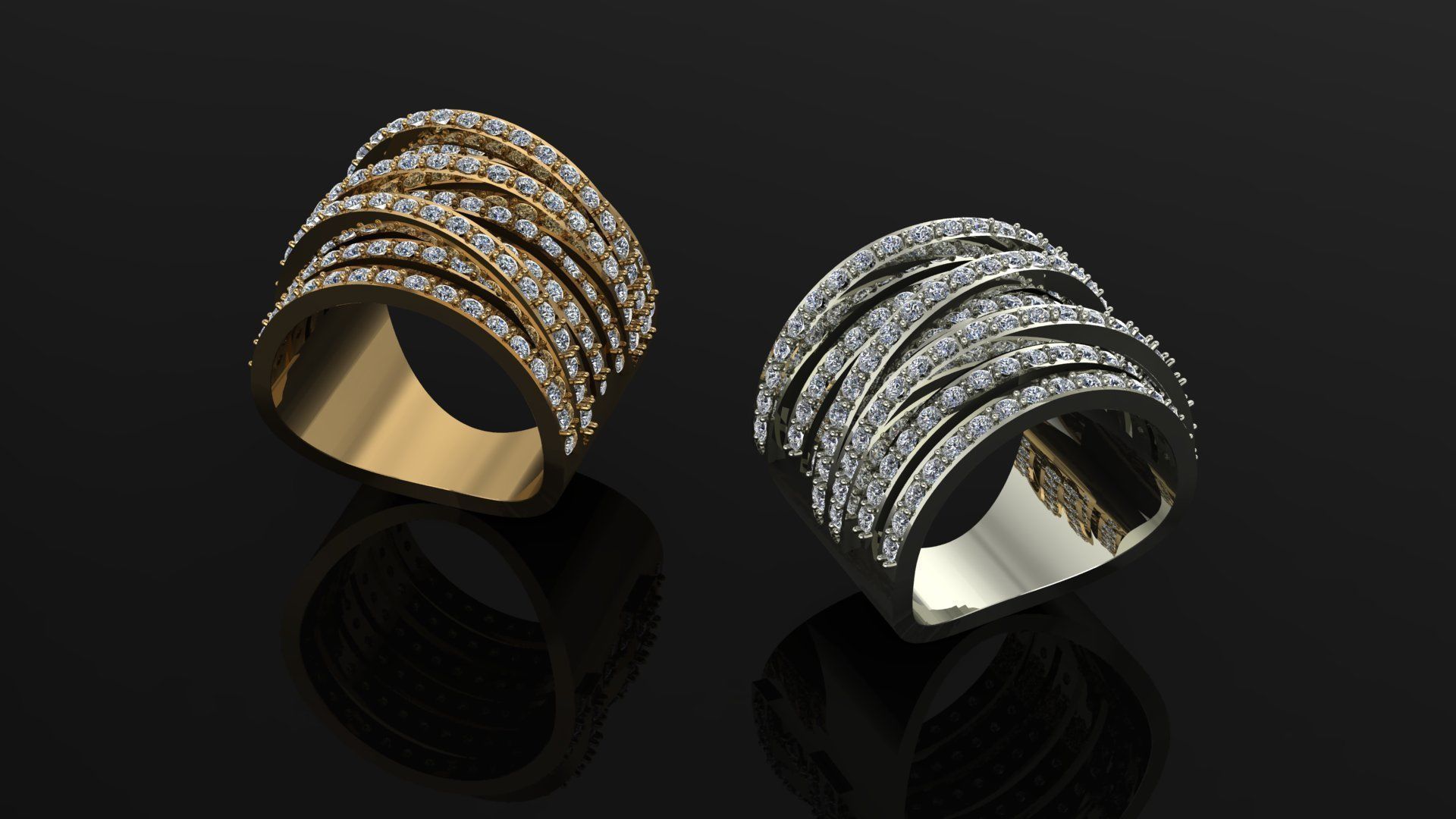 Ring two gold and diamond rings 3D print model_2