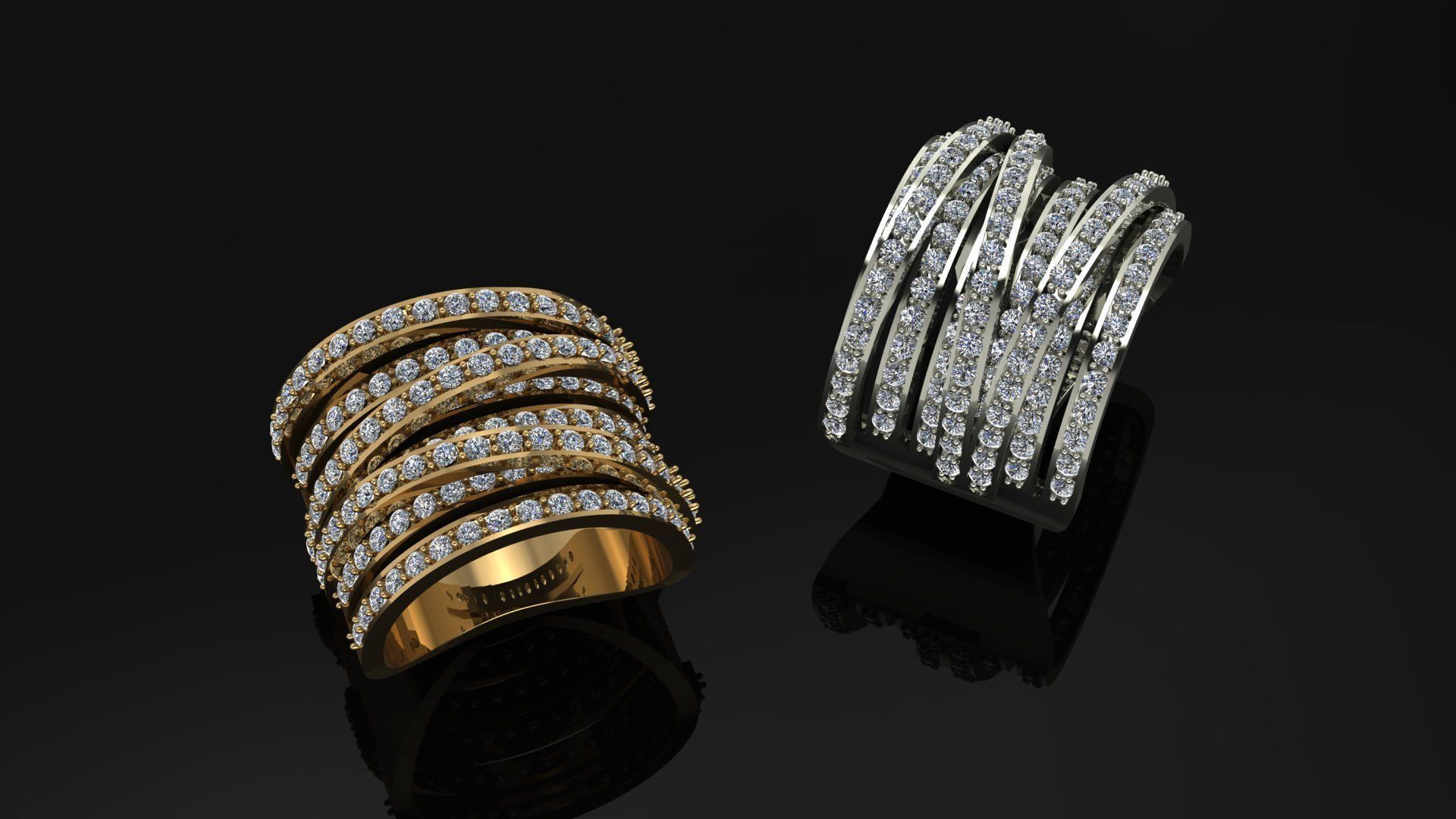 Ring two gold and diamond rings 3D print model_1