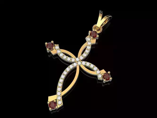 Cross gold pendant with diamonds and rubies