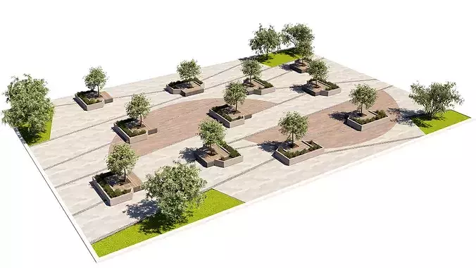 Urban Pedestrian Plaza Design with Trees and Integrated Benches