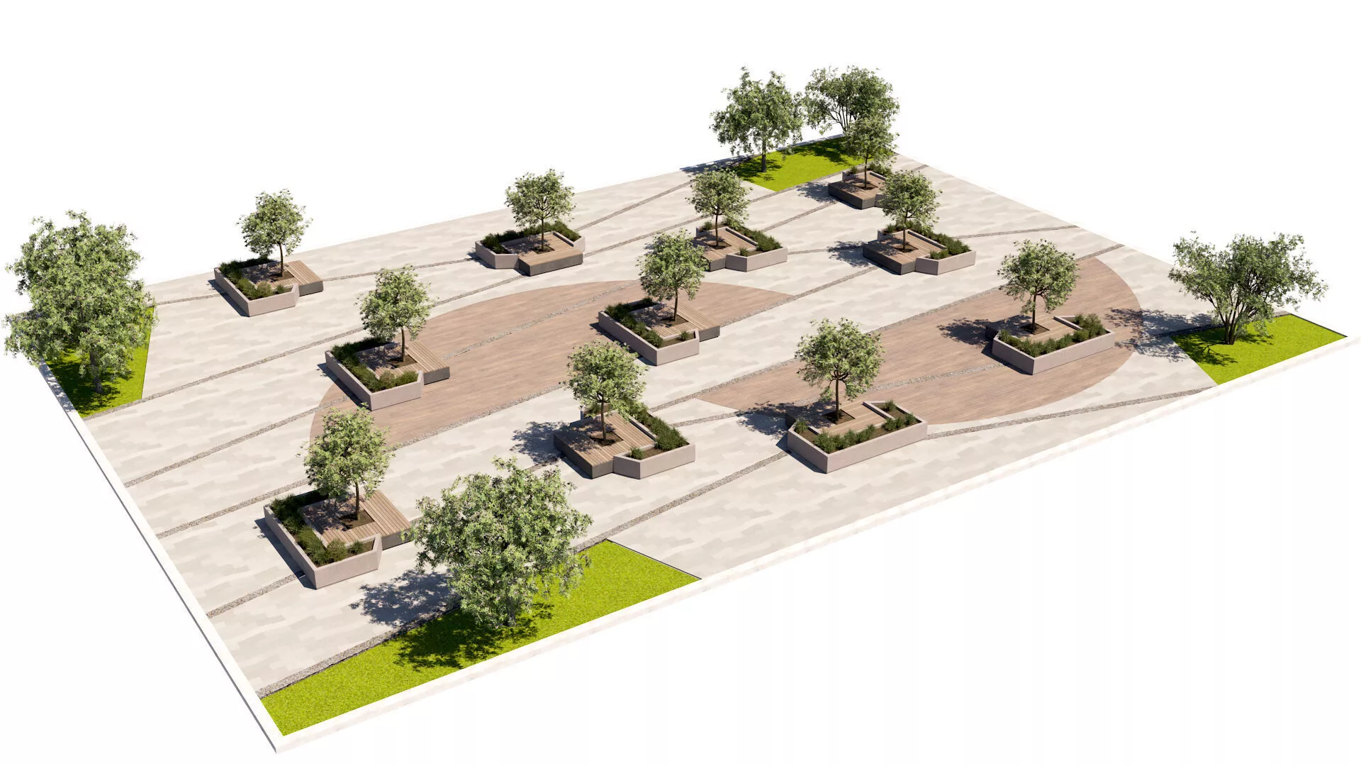 Urban Pedestrian Plaza Design with Trees and Integrated Benches Low-poly 3D model