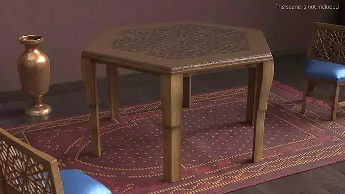 Oriental Wood Geometric Carved Table with Glass Overlay 3D model 2