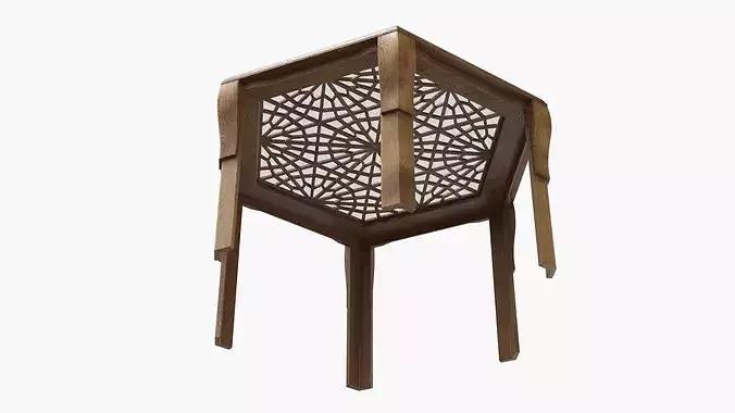 Oriental Wood Geometric Carved Table with Glass Overlay 3D model 4