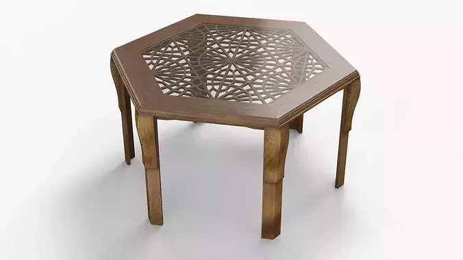 Oriental Wood Geometric Carved Table with Glass Overlay 3D model