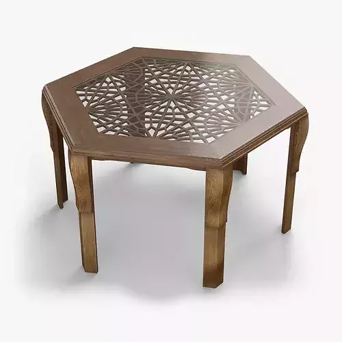 Oriental Wood Geometric Carved Table with Glass Overlay 3D model 5