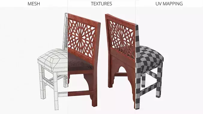 Oriental Wooden Chair with Upholstered Seat Mahogany 3D model 6