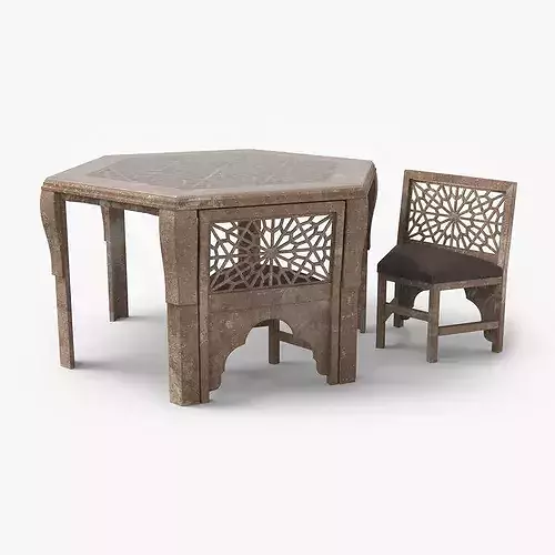 Old Moroccan Carved Wooden Table with Chair 3D model