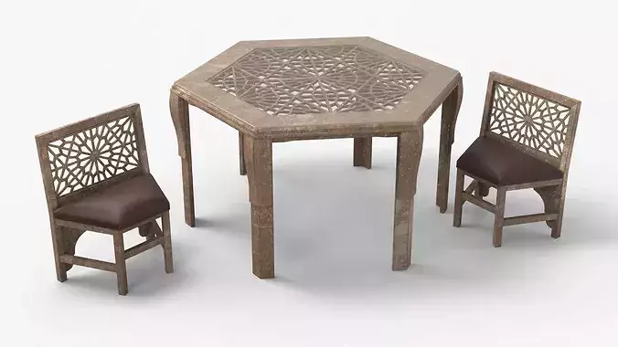 Old Moroccan Carved Wooden Table with Chair 3D model 5