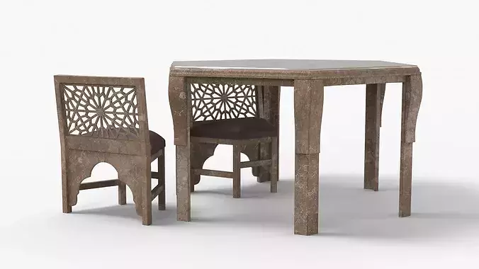 Old Moroccan Carved Wooden Table with Chair 3D model 4