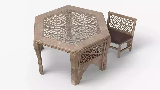 Old Moroccan Carved Wooden Table with Chair 3D model 2