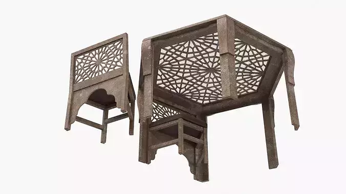 Old Moroccan Carved Wooden Table with Chair 3D model 6