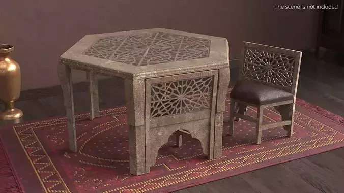 Old Moroccan Carved Wooden Table with Chair 3D model 3