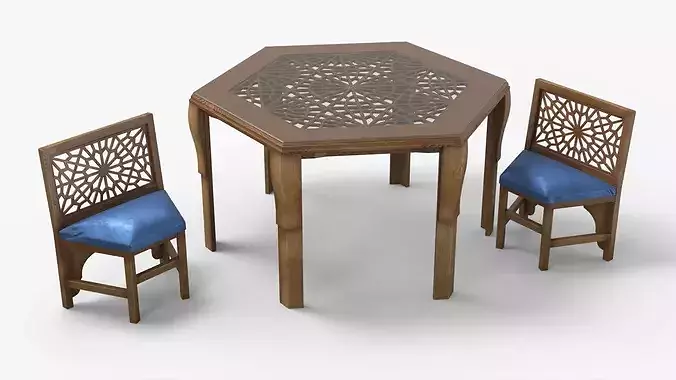Arabic Wooden Table with Blue Cushioned Chairs 3D model 5