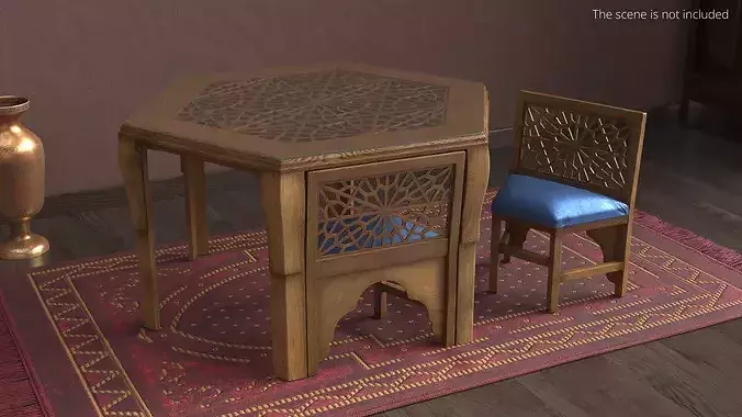 Arabic Wooden Table with Blue Cushioned Chairs 3D model 3