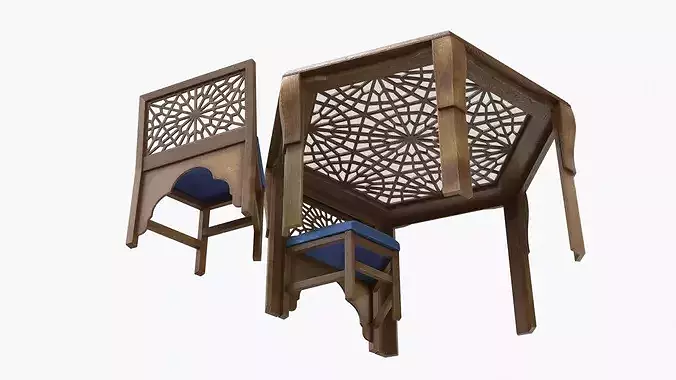 Arabic Wooden Table with Blue Cushioned Chairs 3D model 6
