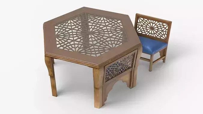 Arabic Wooden Table with Blue Cushioned Chairs 3D model 2