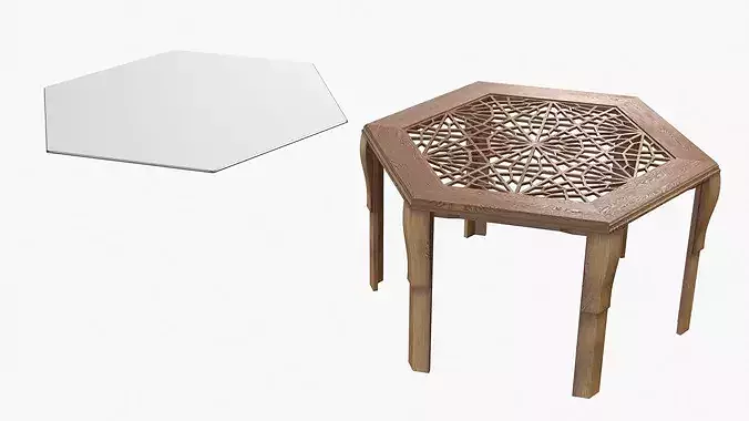 Arabic Wooden Table with Blue Cushioned Chairs 3D model 7