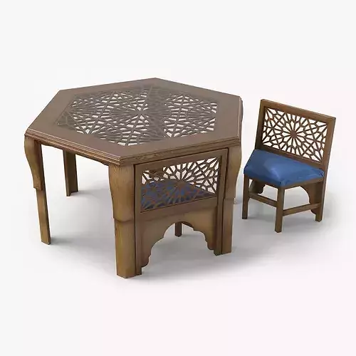 Arabic Wooden Table with Blue Cushioned Chairs 3D model