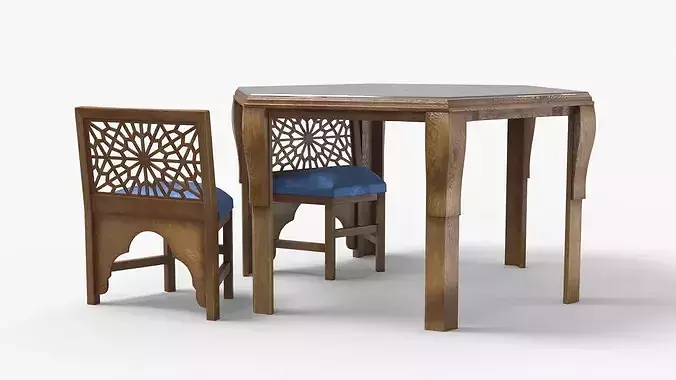 Arabic Wooden Table with Blue Cushioned Chairs 3D model 4